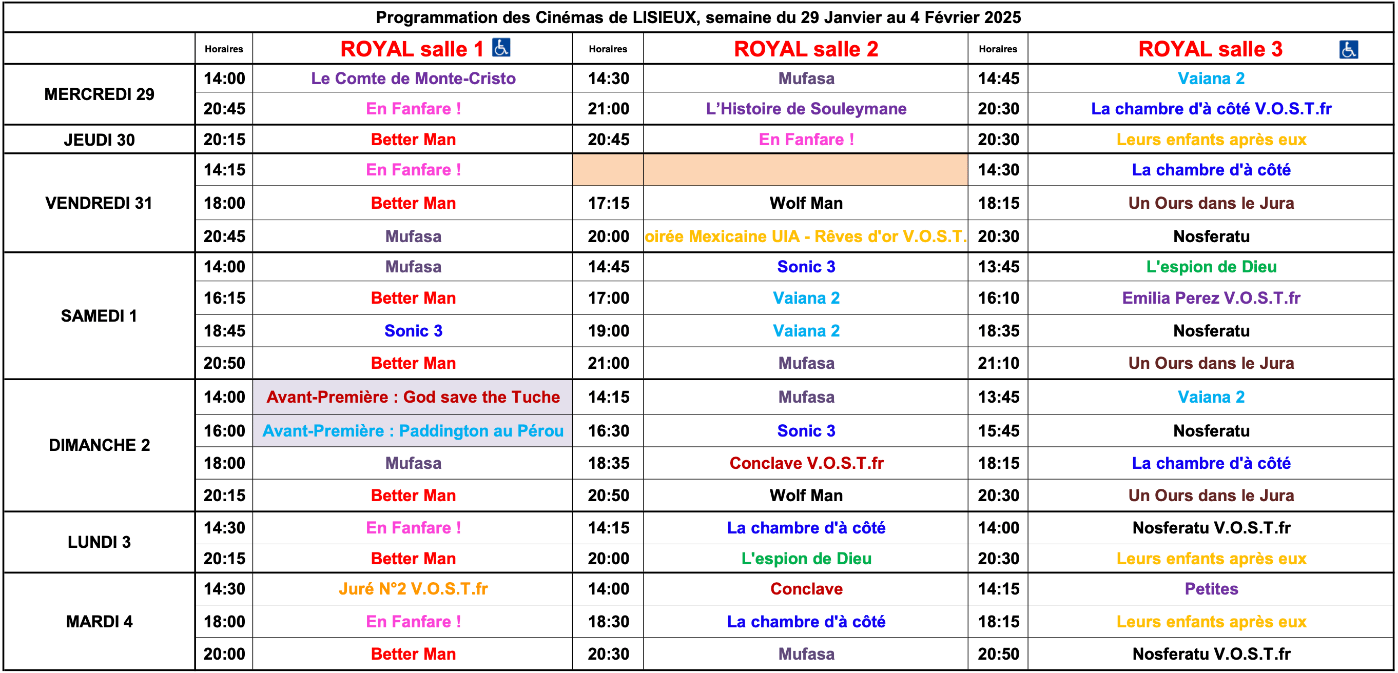 Grille des horaires de la semaine 2505