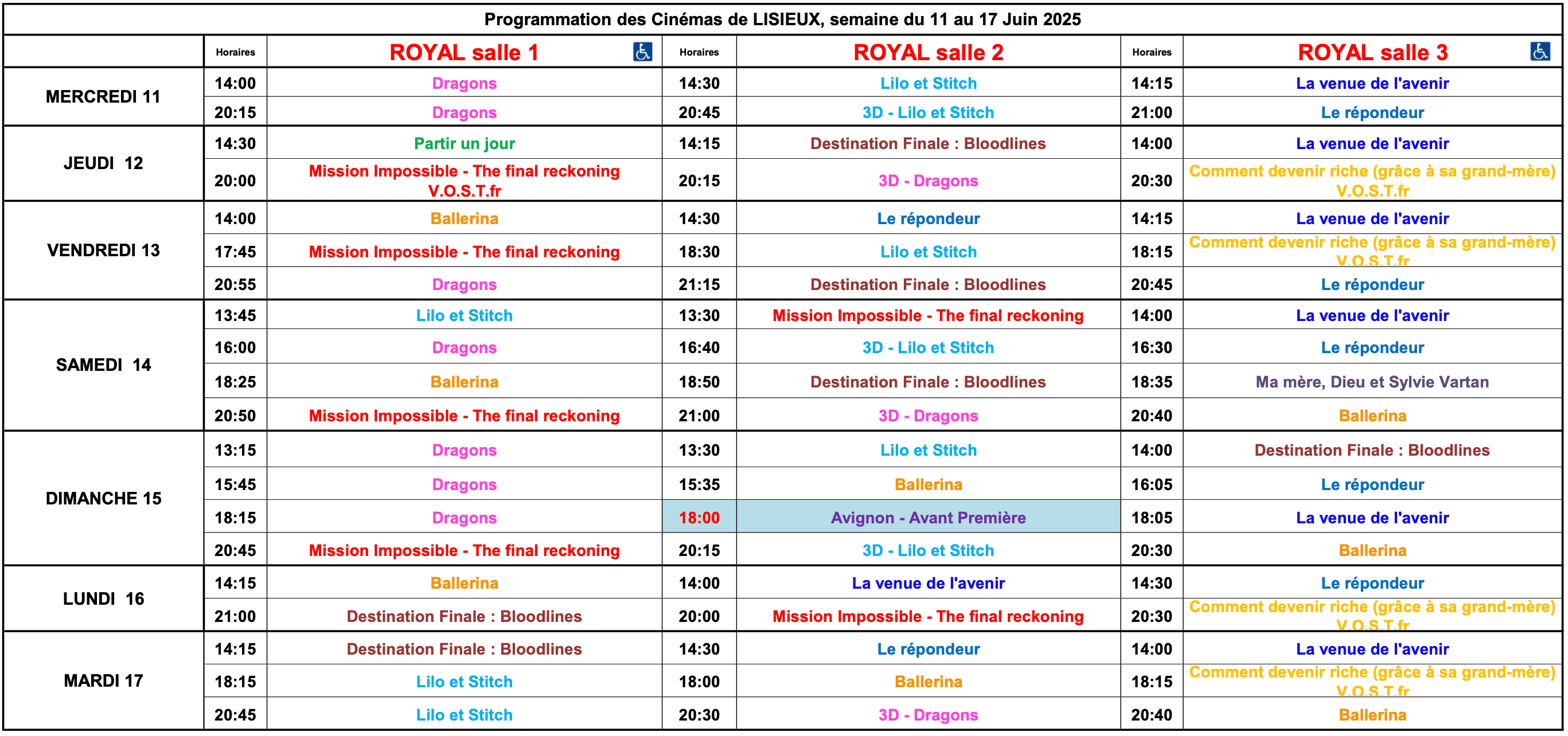 Grille des horaires de la semaine 2524
