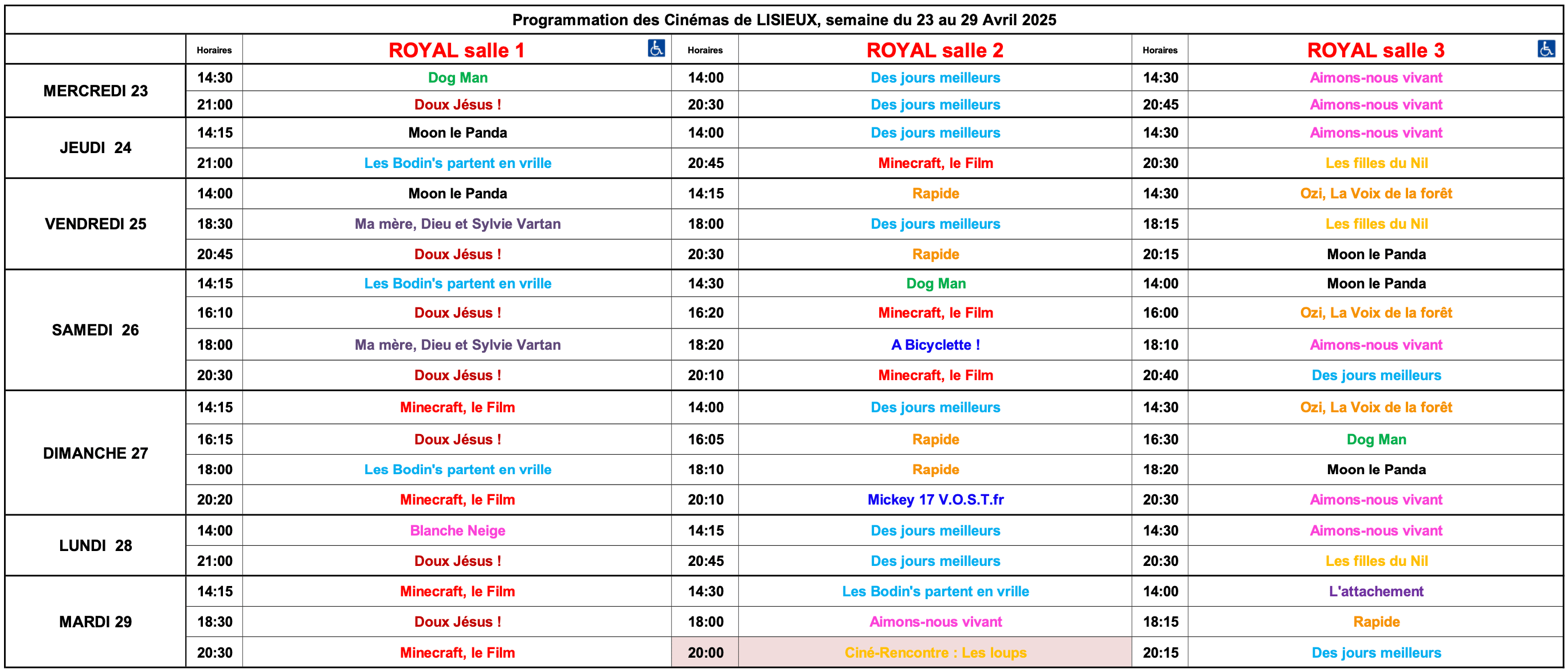 Grille des horaires de la semaine 2517