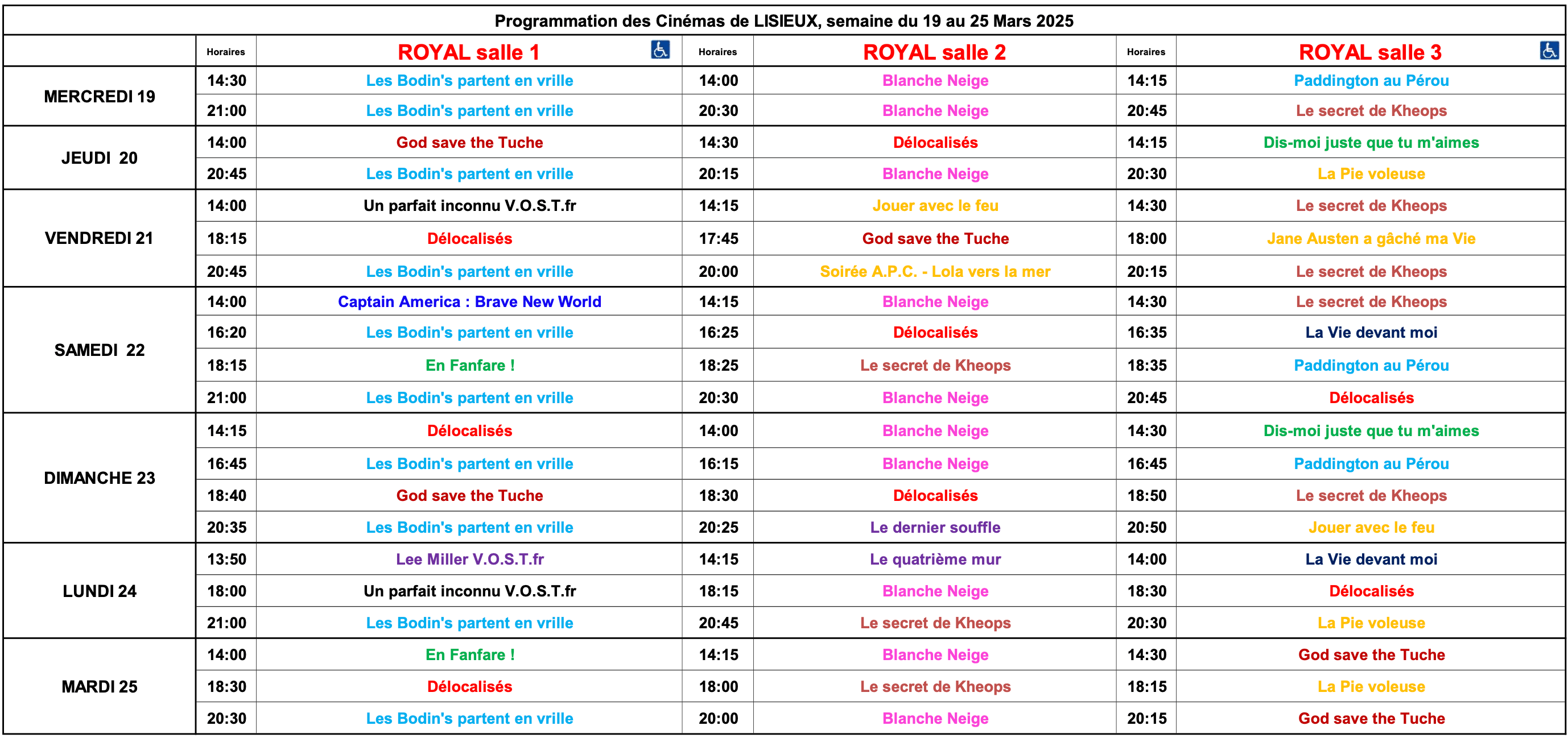 Grille des horaires de la semaine 2512
