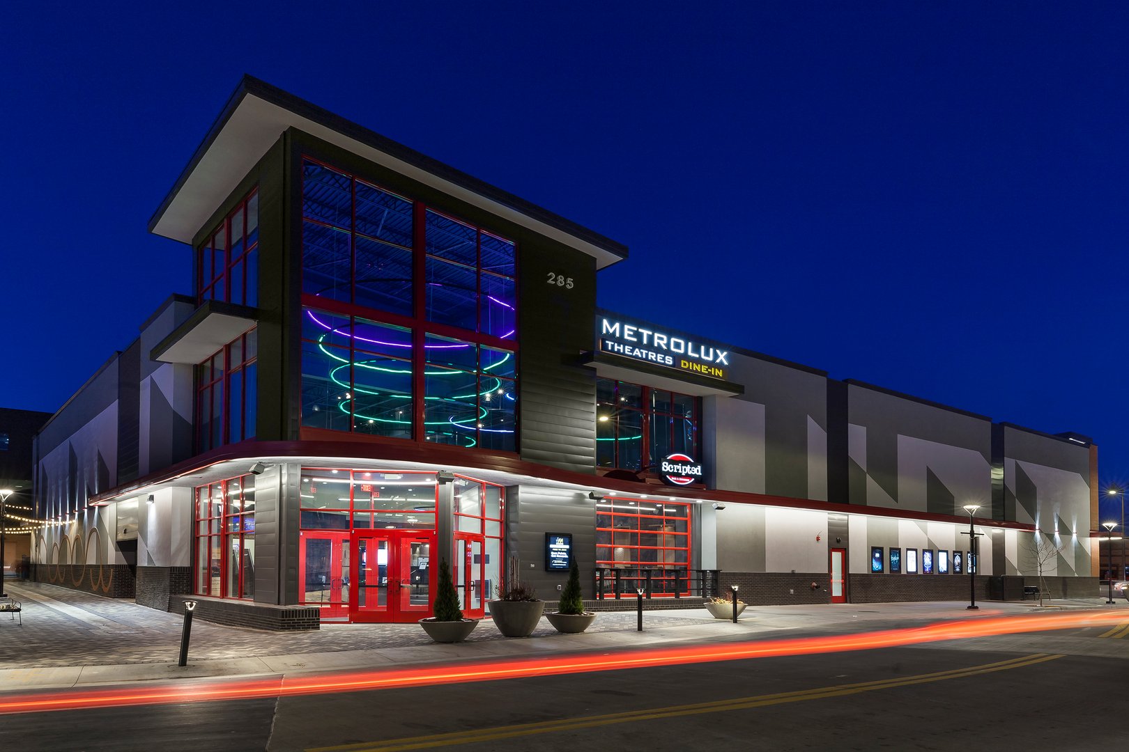 metro lux dine in view of theater from the outside at night 