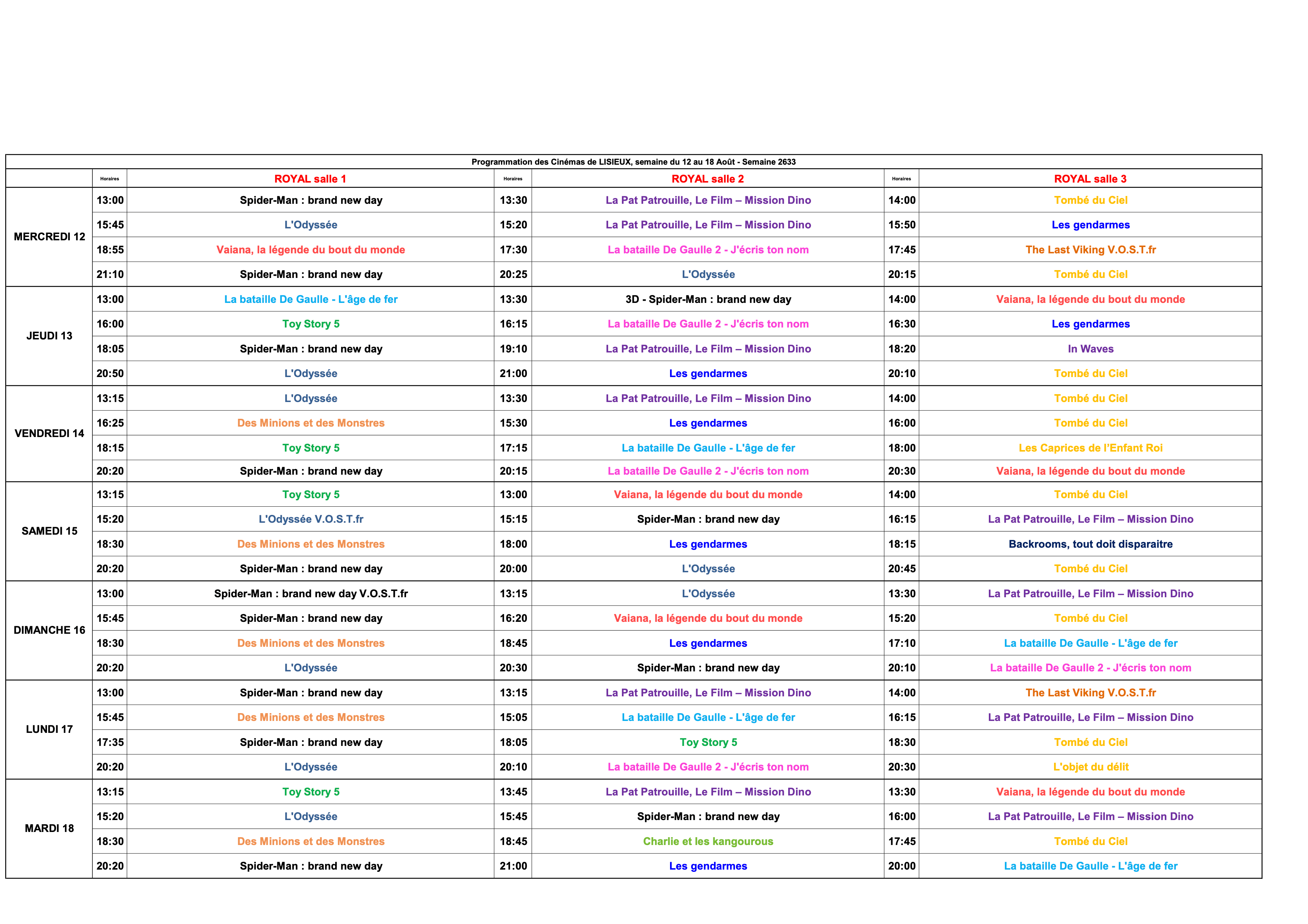 Grille des horaires de la semaine 2529