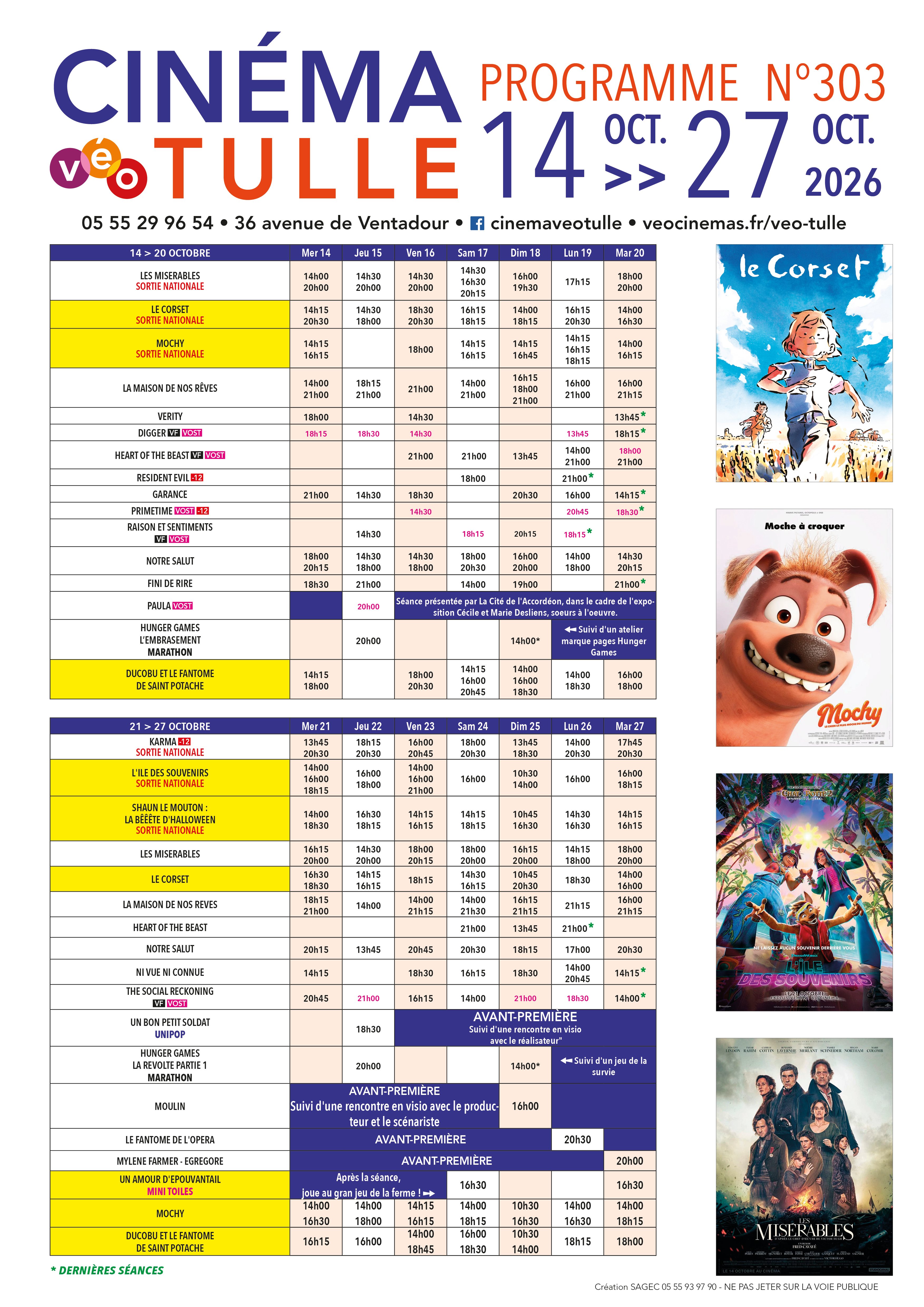 Grille horaire des séances programmées au Véo Tulle