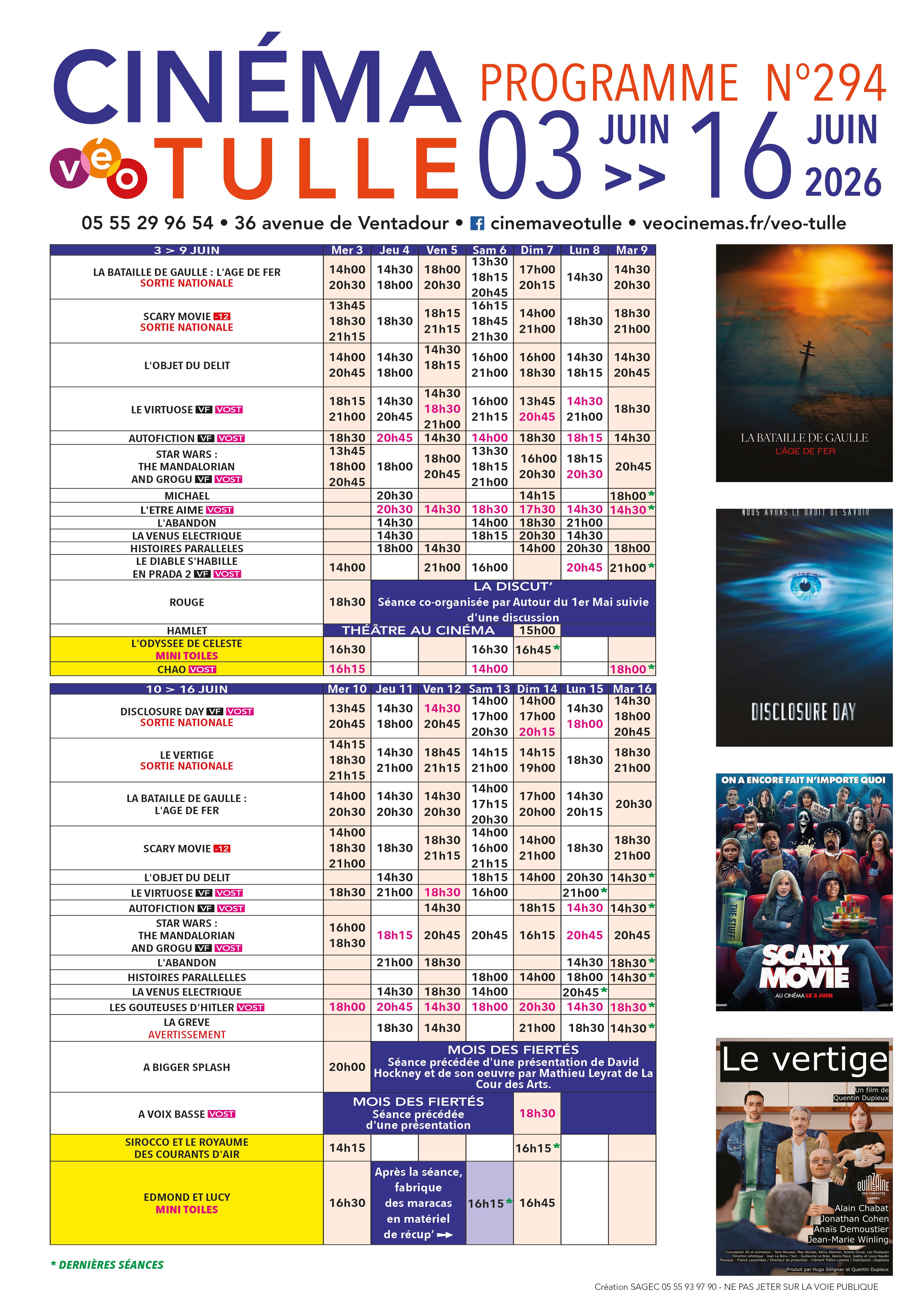 Grille horaire des séances programmées au Véo Tulle