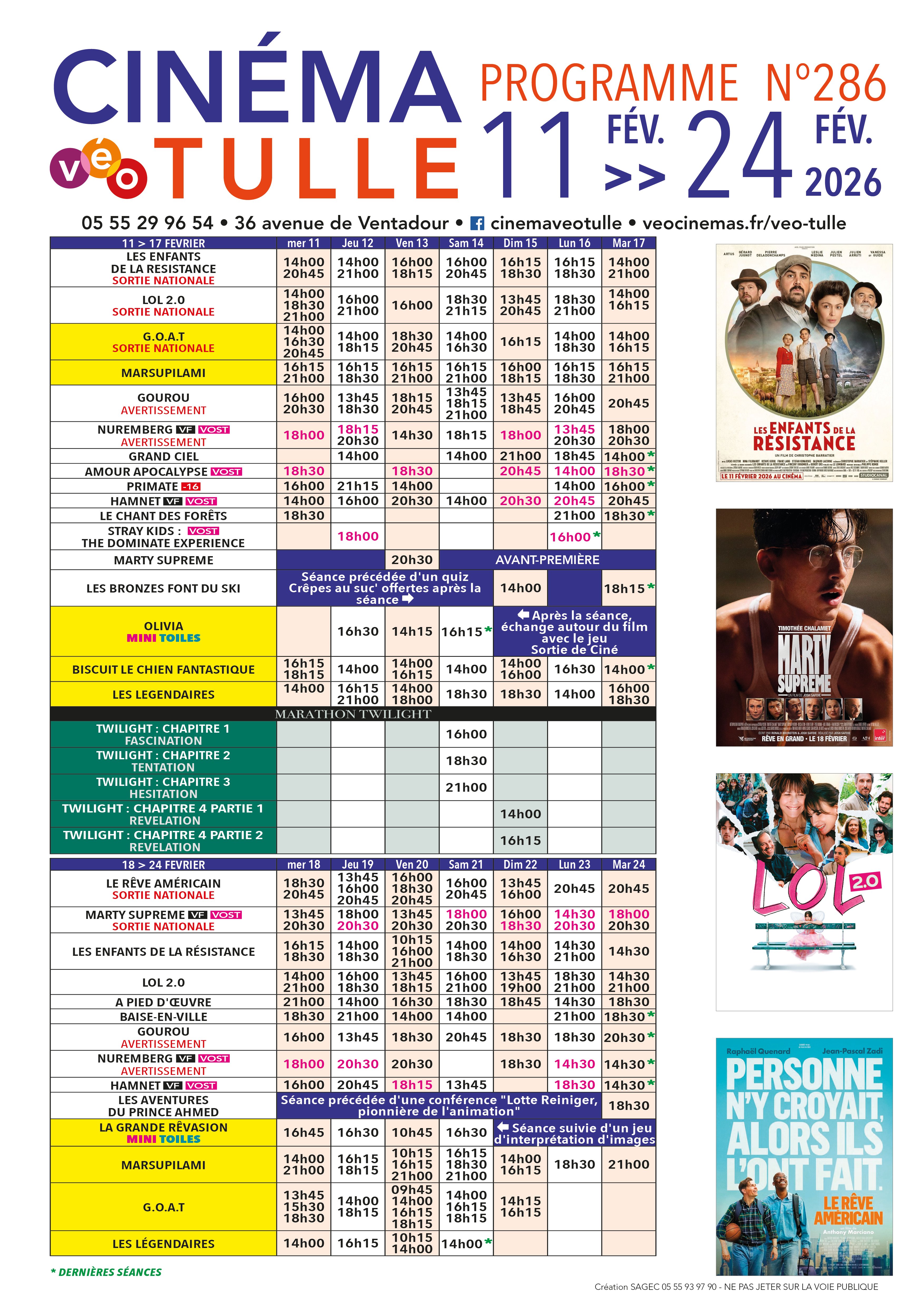 Grille horaire des séances programmées au Véo Tulle