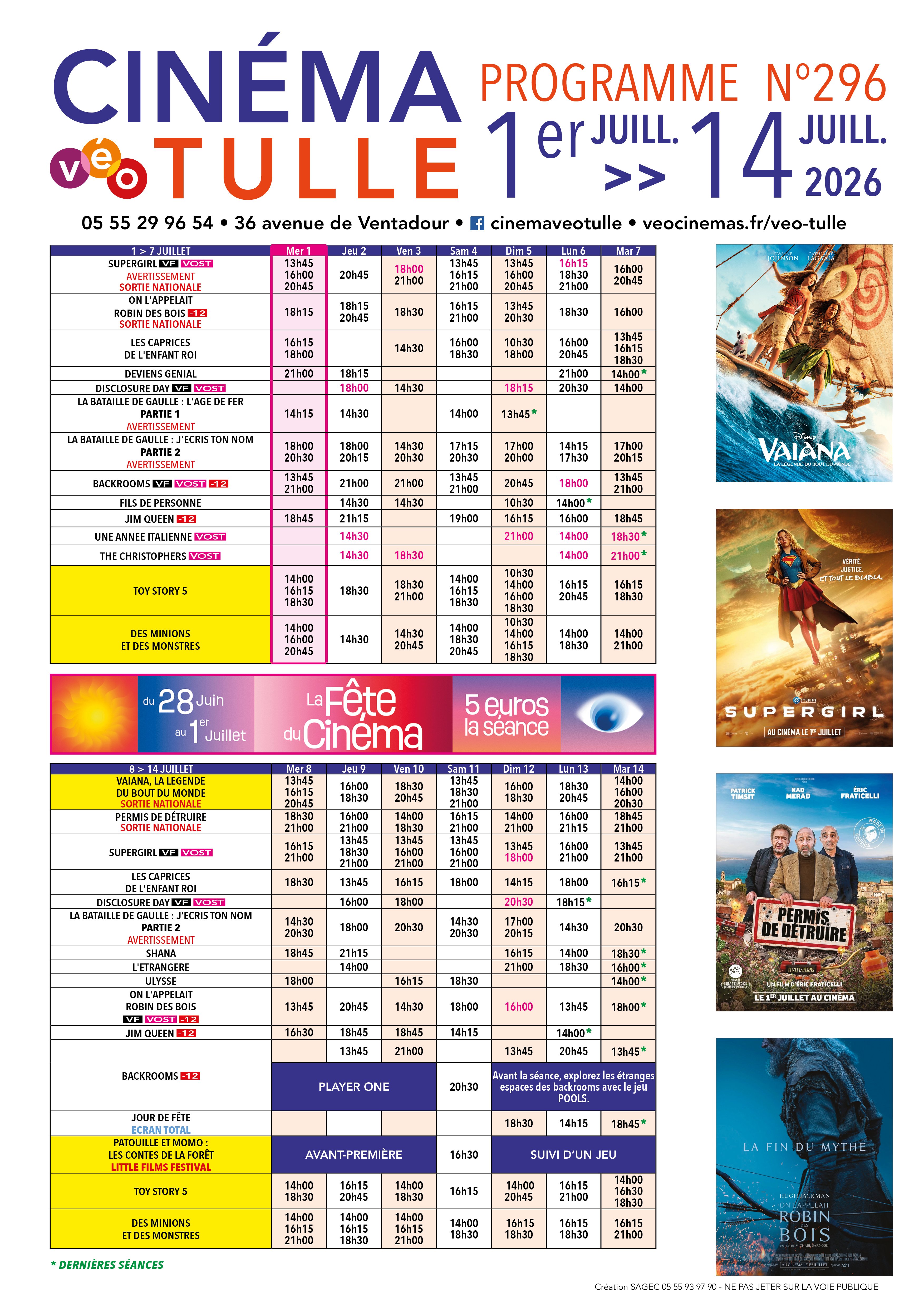Grille horaire des séances programmées au Véo Tulle