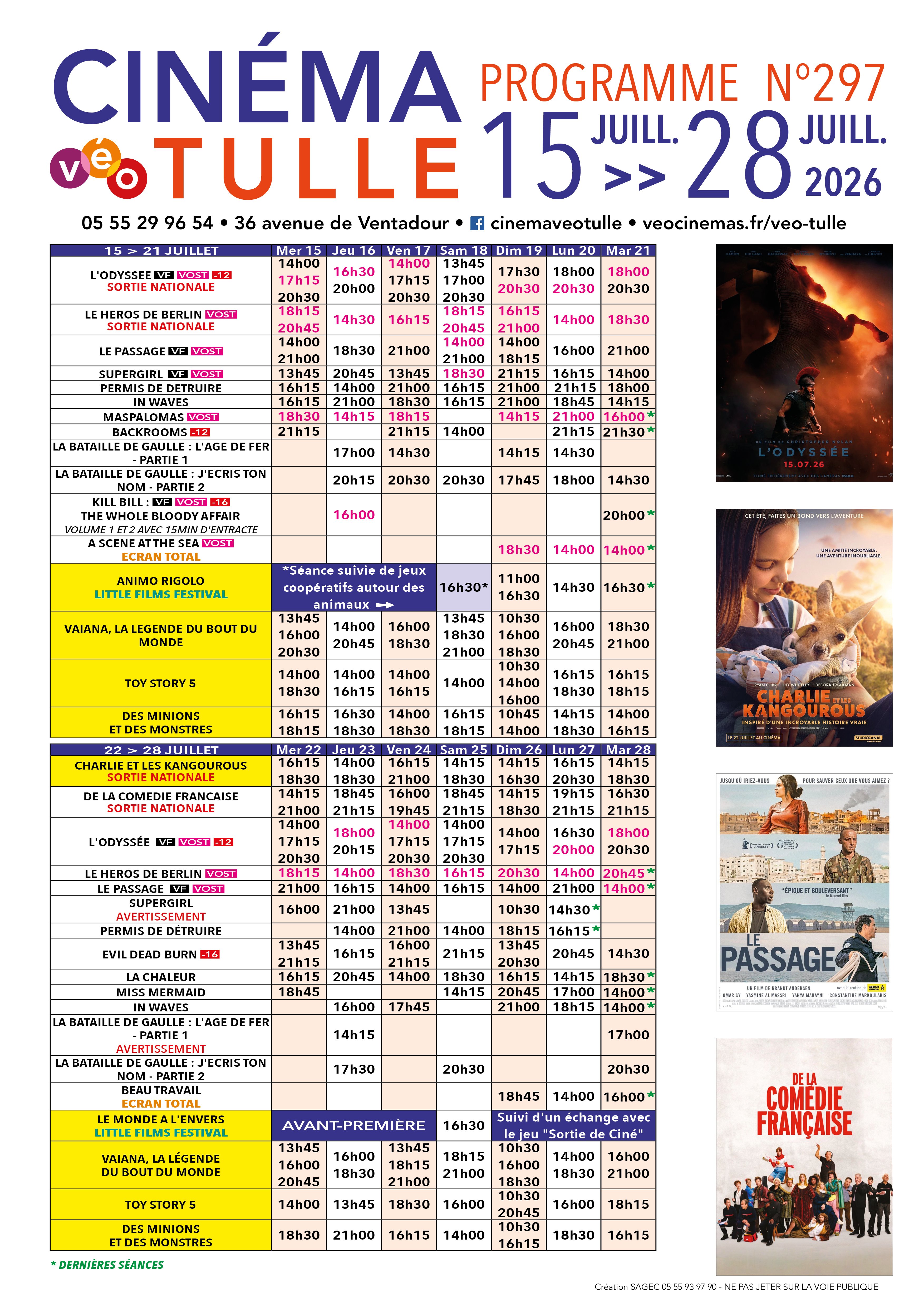 Grille horaire des séances programmées au Véo Tulle