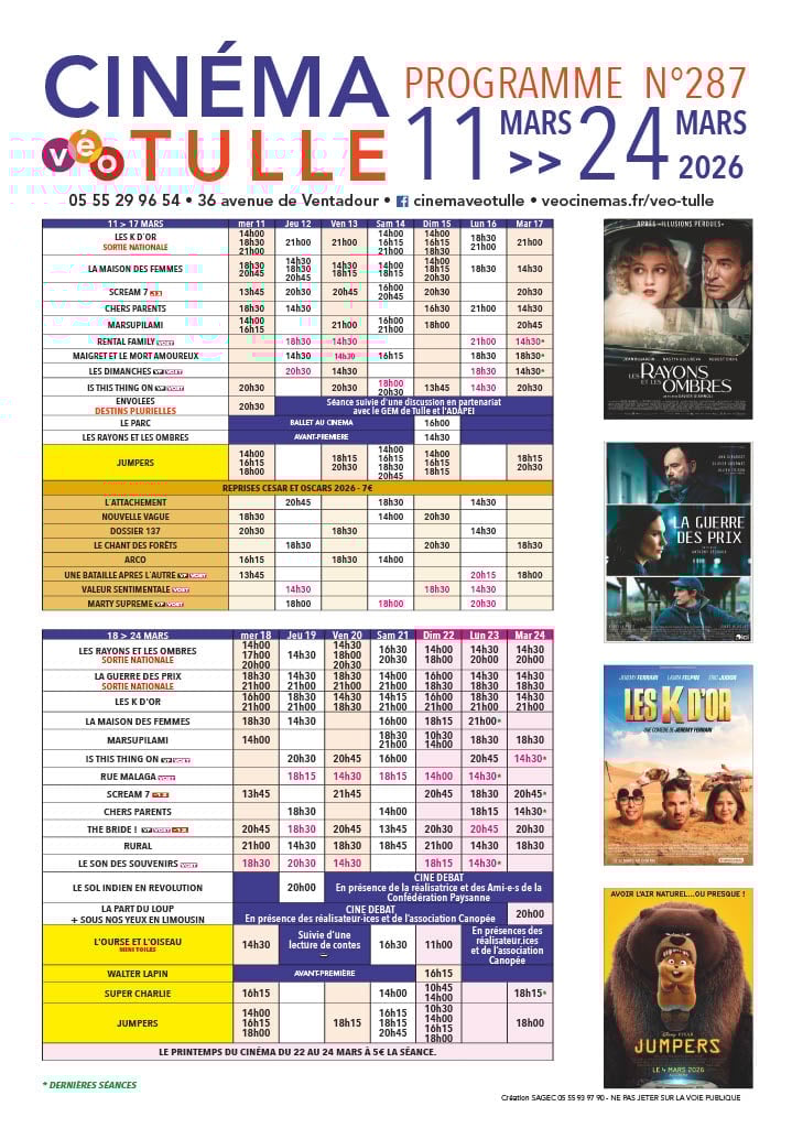 Grille horaire des séances programmées au Véo Tulle