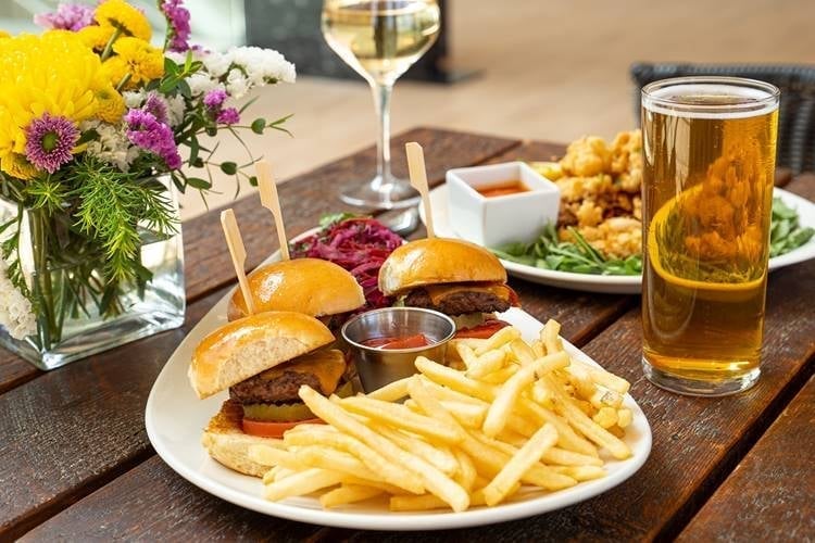 Bar food, beer and glass of wine